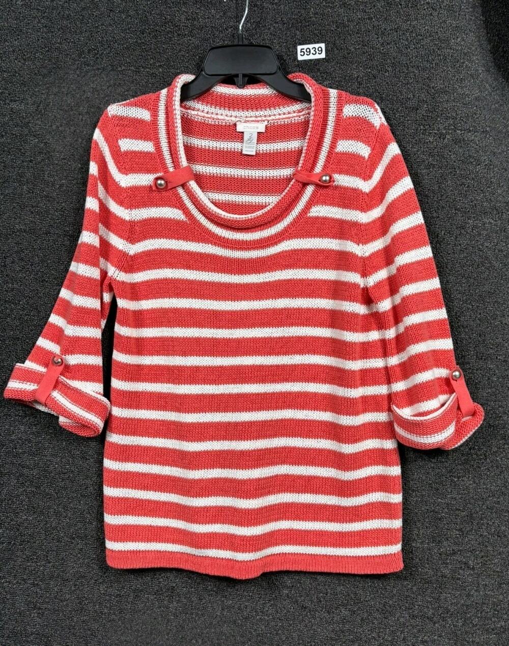 Chico's Knit Top Women Size 2 US L Orange White Stripe 3/4 Sleeves Button Detail